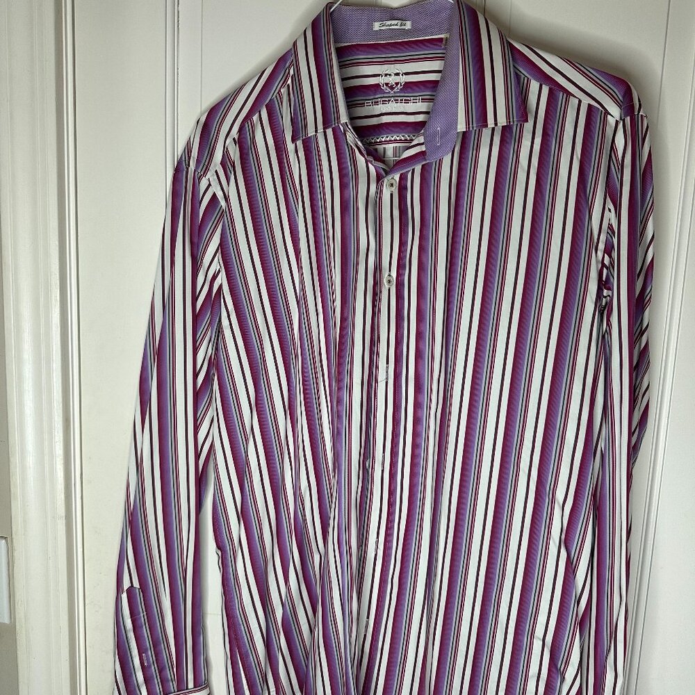 BUGATCHI UOMO Luxurious Cotton Dress Shirt - Royal Purple Pinstripe